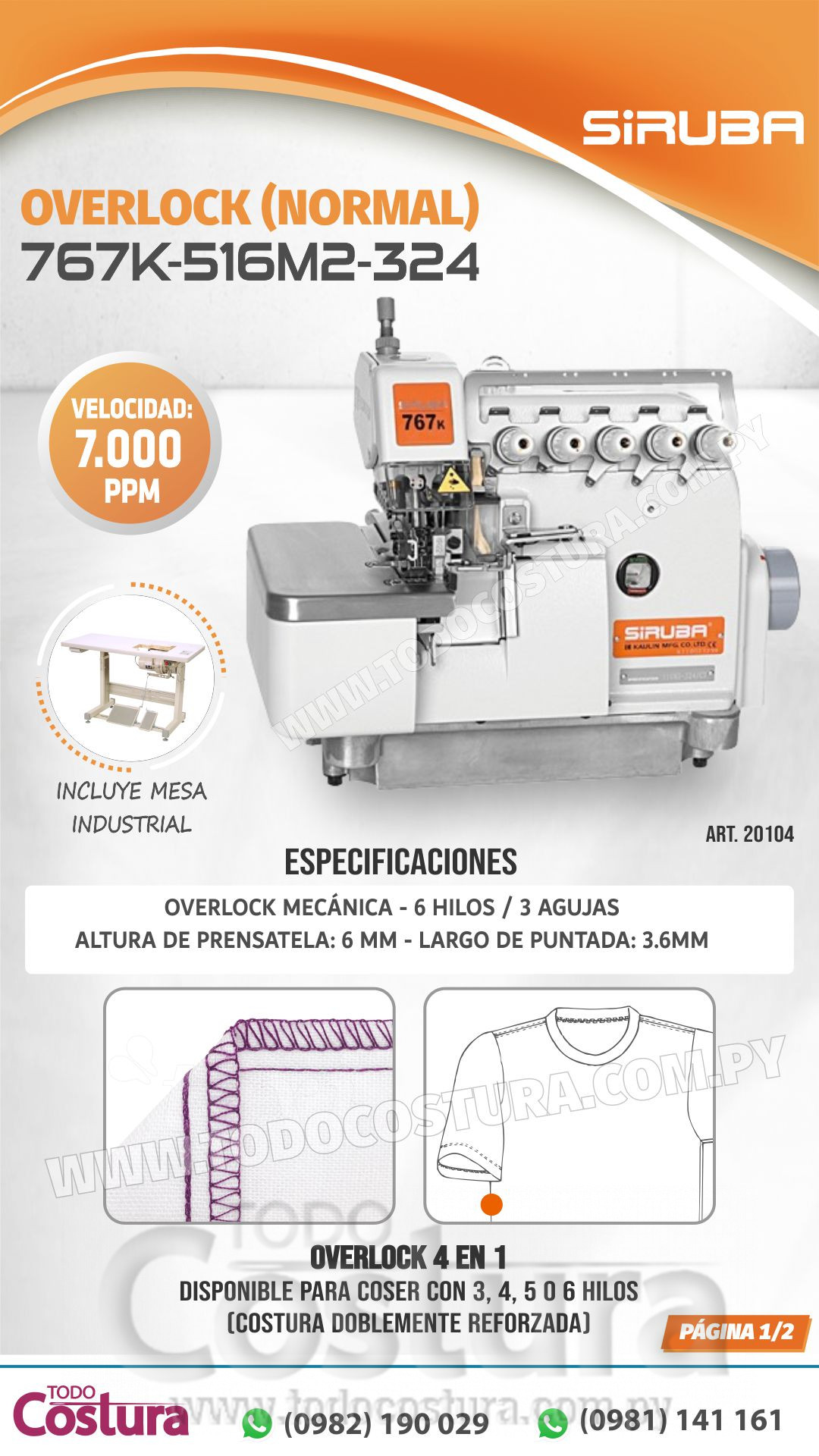 OVERLOCK (MECANICA - 6 HILOS) SIRUBA 767K-516M2-324